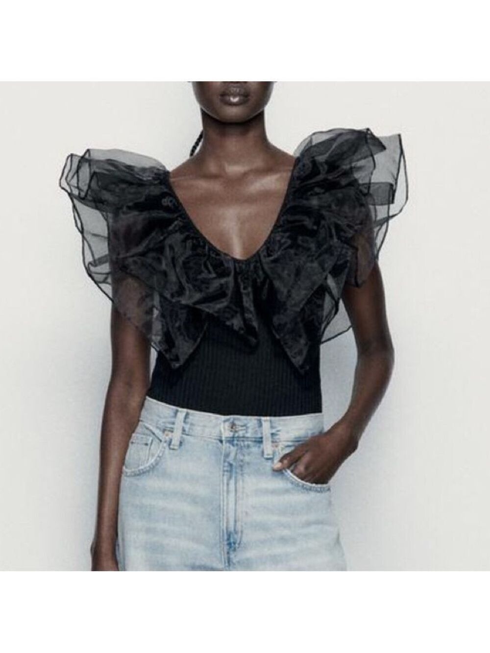 Zara Ribbed Sleeveless Bodysuit with Organza Ruffles